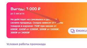 Промокод на скидку 750₽ при заказе от 6000₽, 1500₽ от 12000₽, 2000₽ от 15000₽, 3000₽ от 24000₽ (при наличии в разделе "промокоды")