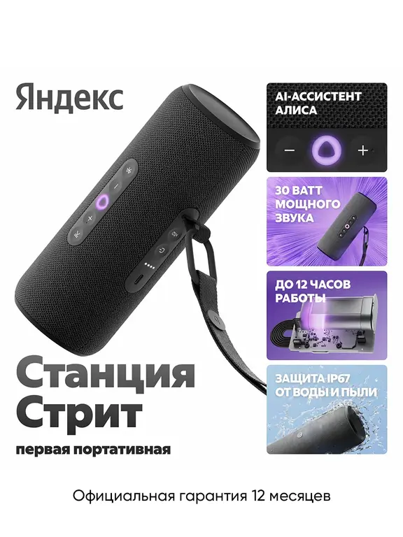 Портативная колонка Яндекс Станция Стрит с Алисой, 30 Вт (с макс. кошельком и подпиской ВБ)