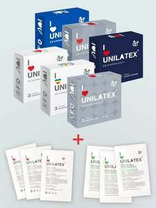 Промо-набор UNILATEX презервативы и лубрикант (6 уп. по 3 шт. + 6 сашетов по 5 мл.) с картой Ozon