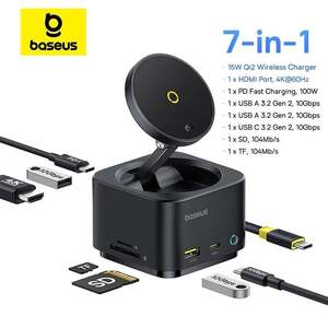 Магнитное беспроводное зарядное устройство + Хаб 7-в-1 Baseus MagPro Series Il Magnetic Wireless Charging HUB BS-OH122 (15 Вт Fast PD USB Hub 4K 60 Гц USB 3.1 SD TF)
