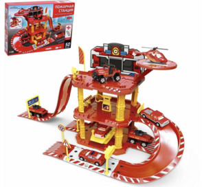 Парковка детская Автоград "Пожарная станция", с металлическими машинкой и вертолетом