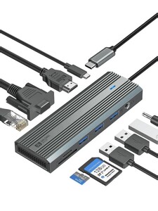 10-в-1 Док-станция SANZANG USB-C Hub с питанием 100W, 4K HDMI, VGA, USB 3.0, Gigabit Ethernet, разъемом PD и для карт памяти (с картой OZON, из-за рубежа)